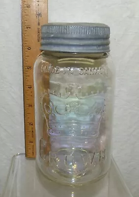 Vtg Iridescent Crown 1 Quart Qt Canning Fruit Jar W/ Glass & Zinc Lid Canada • $9.99