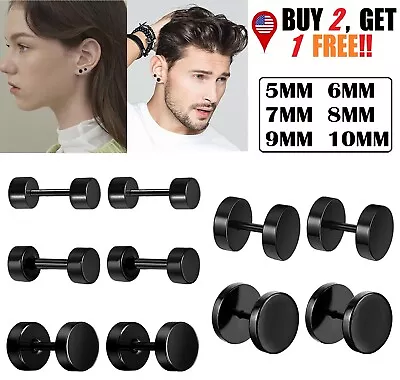 2× Black Stud Earrings Faux Gauges Ear Tunnel Stainless Steel Earrings Men Women • $4.76