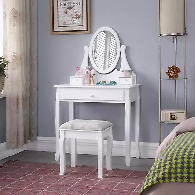 Moderen White Dressing Table With Mirror 3 Drawers Stool Makeup Desk Bedroom • £62.99