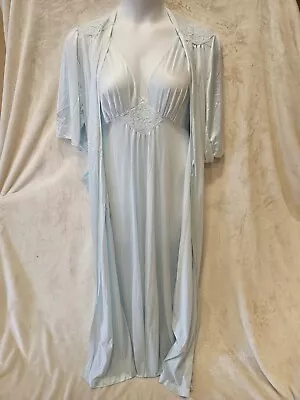 Vtg Nancy King 2-Piece Gown Robe Peignoir Nylon Satin Lingerie Set USA Sz L Blue • $60