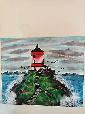 Original Hand Painted Canvas Light House Ocean Acrylic Painting  25×30 C • £9.77