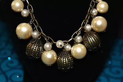 Chunky Pearl Brass Bead Boho Necklace Round Gold Chain Patina Mix Bead Vintage • $14.41