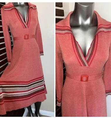 1970s 70s Orange Striped Retro V-Neck Disco Long Sleeve Belt Wool Sweater Dress • $85