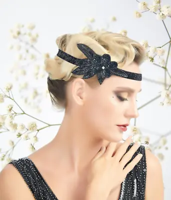 1920s Headband Black Rhinestone Flower Headpiece Flapper Headband Great Gatsby • $9.99