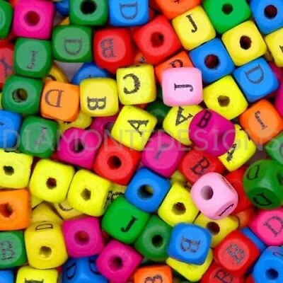 50 Pcs  10mm Mixed Colour Alphabet  Letter Cube Wooden Beads Craft Beading G179 • £2.59