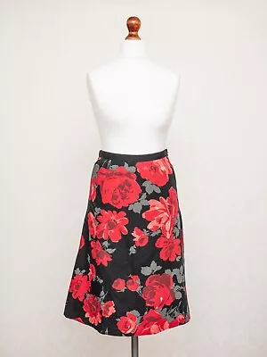 Laura Ashley Skirt UK8 Red Black Floral A Line Midi Cotton Linen Blend Chintz • $24.88