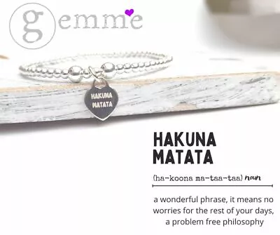 Sterling Silver Engraved Heart Stretch Motto Bracelet HAKUNA MATATA No Worries!  • $24.87