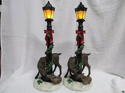 Vintage Pair Lighted Lamp Posts With Deer & Christmas Decorations 18 1/2   Tall • $50