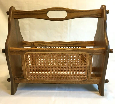 $61.96 • Buy Oak Wood Woven Wicker Rattan Cane Magazine Book Vinyl Record Rack Holder Vintage