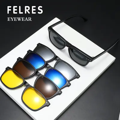 5 In 1 Magnetic Clip On Polarized Sunglasses Men Classic Square Glasses Frames  • $17.99
