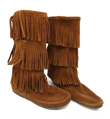 Womens Minnetonka Moccasins Fringe Mid Calf Size 7 Brown Suede Leather 3 Layer • £42.77