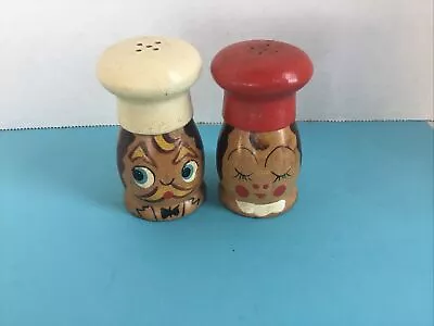 VINTAGE CHEF SALT & PEPPER SHAKERS ~ WOODEN ~ JAPAN Shaker Set 3  Tall NICE • $9.95