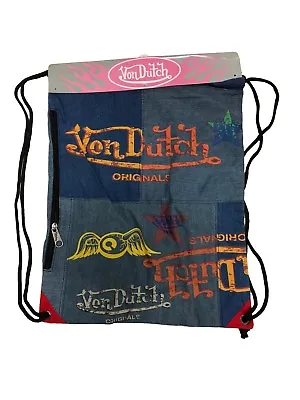 VNDS01SR Von Dutch Drawstring Bag With Side Zipper 18  X 14  ( DENIM FABRIC ) • $19.98