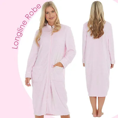 Ladies Long Length Zipped Dressing Gown Pink Plush Fleece Energy Saving Robe UK • £22.49