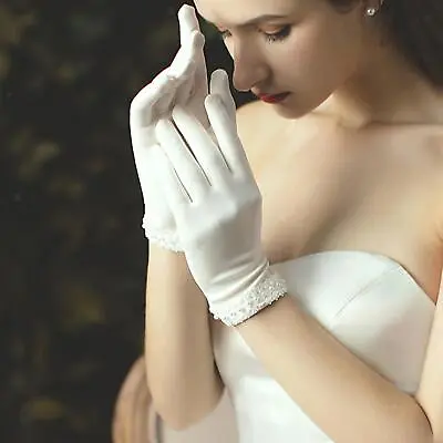 £11.70 • Buy Women's Bridal Satin Pearl Lace Gloves White Wrist Length Short Elegant Full