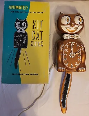 VINTAGE 1960s D8 JEWELED COPPER KIT CAT KLOCK ELECTRIC CAT WALL CLOCK  • $575