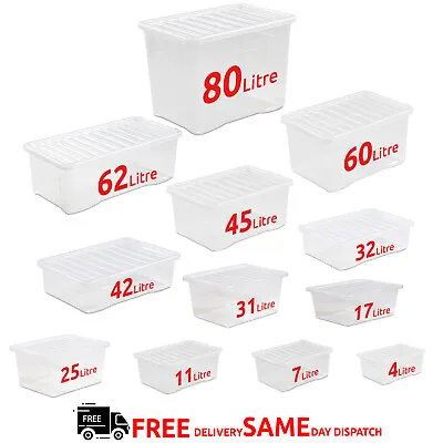 £6.99 • Buy Clear Storage Box Boxes With Lids Stackable Home Office Kitchen Shelf Organizers