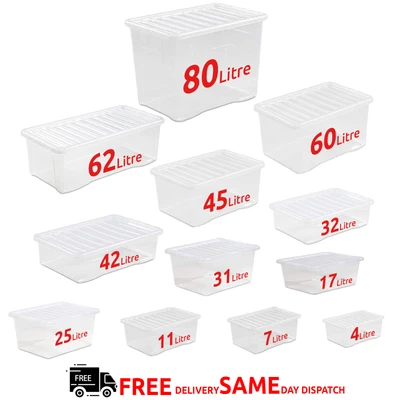 £6.99 • Buy Clear Storage Box Boxes With Lids Stackable Home Office Kitchen Shelf Organizers
