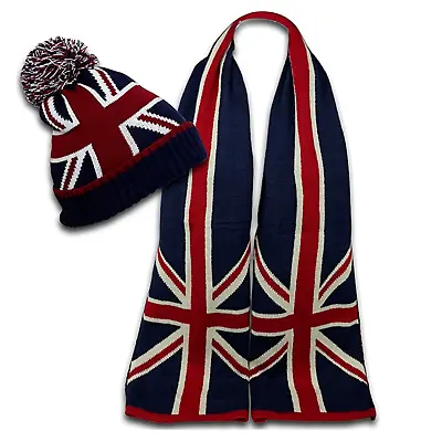 Union Jack Woolen Scarf With Beanie Set Unisex Blue British Flag Print Scarves • £18.99