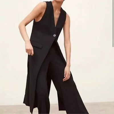 Zara Sleeveless Vest M Long Vents Single Button Black Vneck Blazer Pockets Slits • $89.96