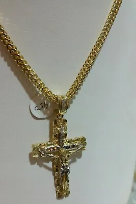 Real 10k Yellow Gold Mens Jesus Cross Charm/Pendant  With 22  Franco Chain • $523.69