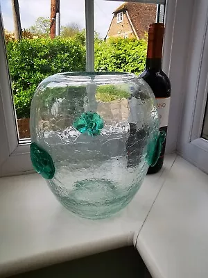 Large Mid Century Modern BLENKO CRACKLE GLASS VASE With Turquoise ROSETTES • £72