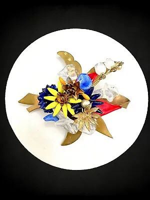 Vintage Louis Rousselet Style French Paste Lampwork Glass Flower Brass Brooch • $125