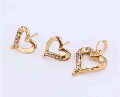 9ct 9K Yellow GOLD Plated Ladies Heart NECKLACE Earring & Pendant SET Gift 827Uk • £10.99