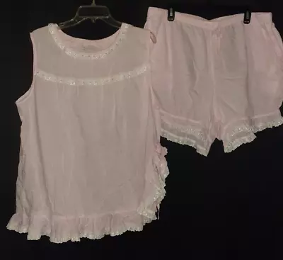 THE VERMONT COUNTRY STORE Plus Size 1X Pajamas Pink White Eyelet Lace Cotton • $39.99