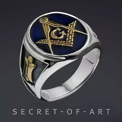 Masonic Ring Silver 925 Freemason Blue Lodge Jewelry Mens Gold-Plated Size 8-13 • £144.76