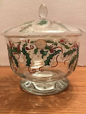 Romanian Crystal Clear Brand Christmas Holly Berries Bowl W/ Lid Hand Crafted • $35