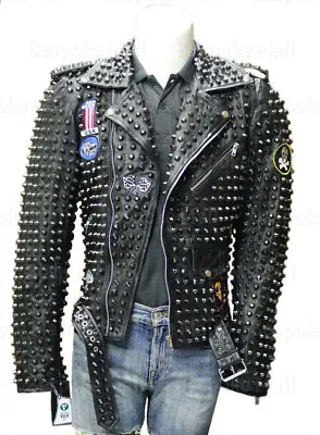Men Black Silver Long Spiked Studded Punk Brando Cowhide Leather Jacket-110 • $400.19