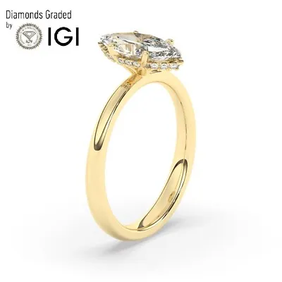 IGI Marquise Cut Lab-Grown Diamond Hidden Halo Engagement Ring 18K Yellow Gold • $1870