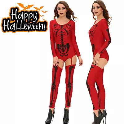 Halloween Women Skeleton Bone Frame Jumpsuit Bodysuit Fancy Dead Cosplay Costume • £9.98