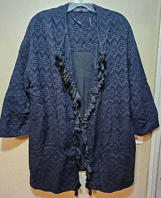 Zara Open Jacquard Kimono Navy Black Fringe Women's Size Medium  • $19