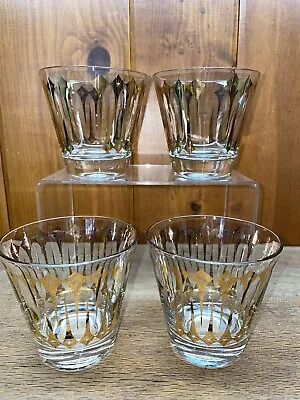 Set Of 4 MCM Anchor Hocking Gold Accent Atomic Starburst Cocktail Rocks Glasses • $38