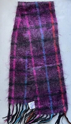 Vintage Maban Of Scotland Mohair & Wool Scarf Purple Black Plaid Fringe 9  X 60  • $22