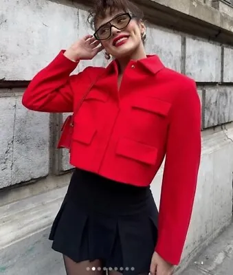 Zara Women Red Short Cropped Flap Jacket Blazer With Flaps L 8524/600 • $99