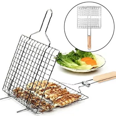 Barbecue Grilling Basket Iron Wire BBQ Net Wooden Handle Meat Fish Clip Holder  • $10.78