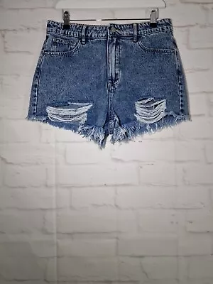 Shein Denim Shorts Size L Blue Acid Wash High Waist Denim Smiley Print Pockets • £7.99