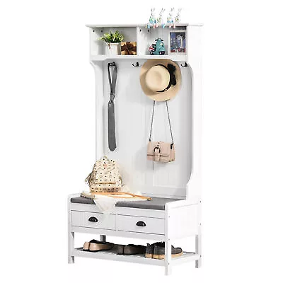 Hall Tree With Bench Shoe And Storage Hooks Coat Rack For Entryway Mudroom White • $176.79