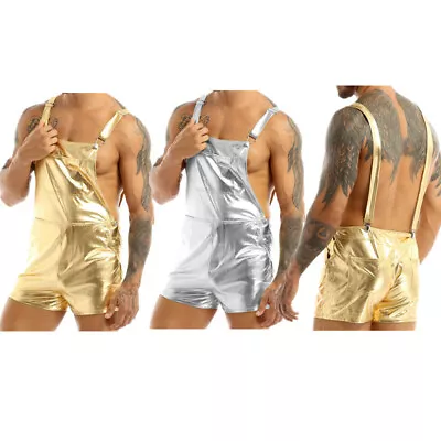 $11.99 • Buy Men's Shiny Metallic Bib Overall Suspender Shorts Hot Pants Cosplay Fancy Dress