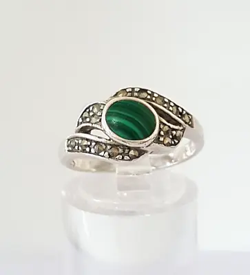 Gorgeous Real Malachite & Marcasite Stones Ring 925 Silver Size N~N1/2 #20168 • £35