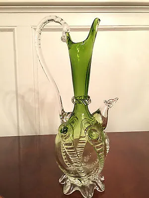 Vintage SALVIATI Venetian Italian ART-GLASS DECORATIVE PITCHER EWER Green Clear • $174.99