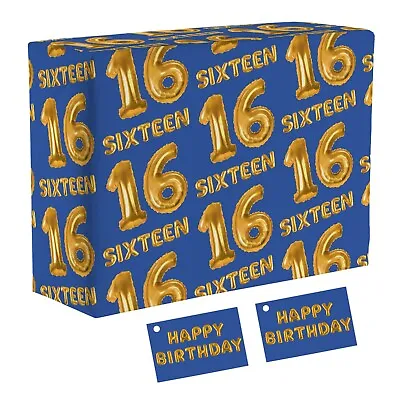1 Sheet Of 16th Birthday Luxury Wrapping Paper For Boys - Blue - Age Sixteen • £4.50