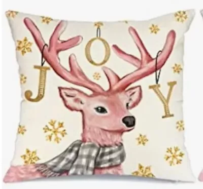 JOY REINDEER Vintage Christmas Linen Throw Pillow Cover 18x18 Holiday Home Decor • $15.95