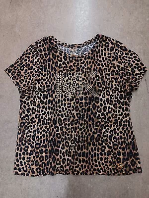 Michael Kors Cotton Leopard Print Rhinestone Logo T-Shirt  Womens Size XL • $24