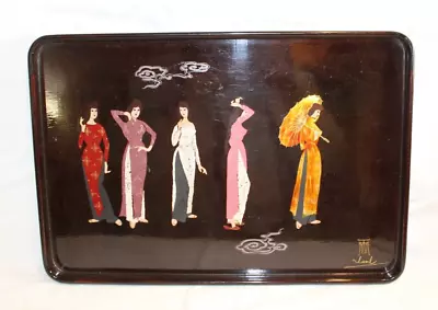 Vtg Beautiful Oriental Asian Japan Painted Lacquer Tray Brown  15 1/2  X 10 1/2  • $16.39