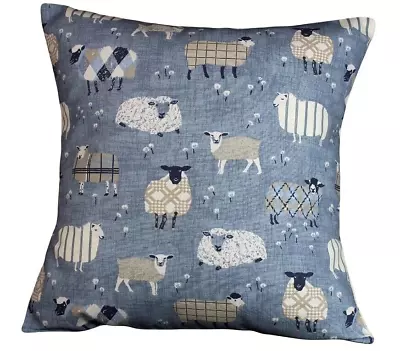 Handmade Cushion Cover In Sheep Fabric Denim Blue With Cream Blue White Sheep • £7.95