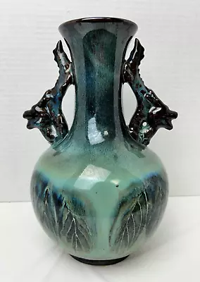 Art Pottery Vase Dragon Handles Leaves In Teals Black Glaze Handmade • $49.96